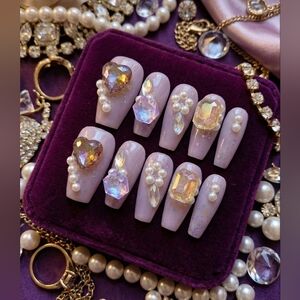Elegant Pearl and Gemstone Press-On Coffin Nails